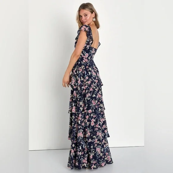 Lulus Charming Passion Navy Blue Floral Maxi Dress BNWT - Picture 4 of 7